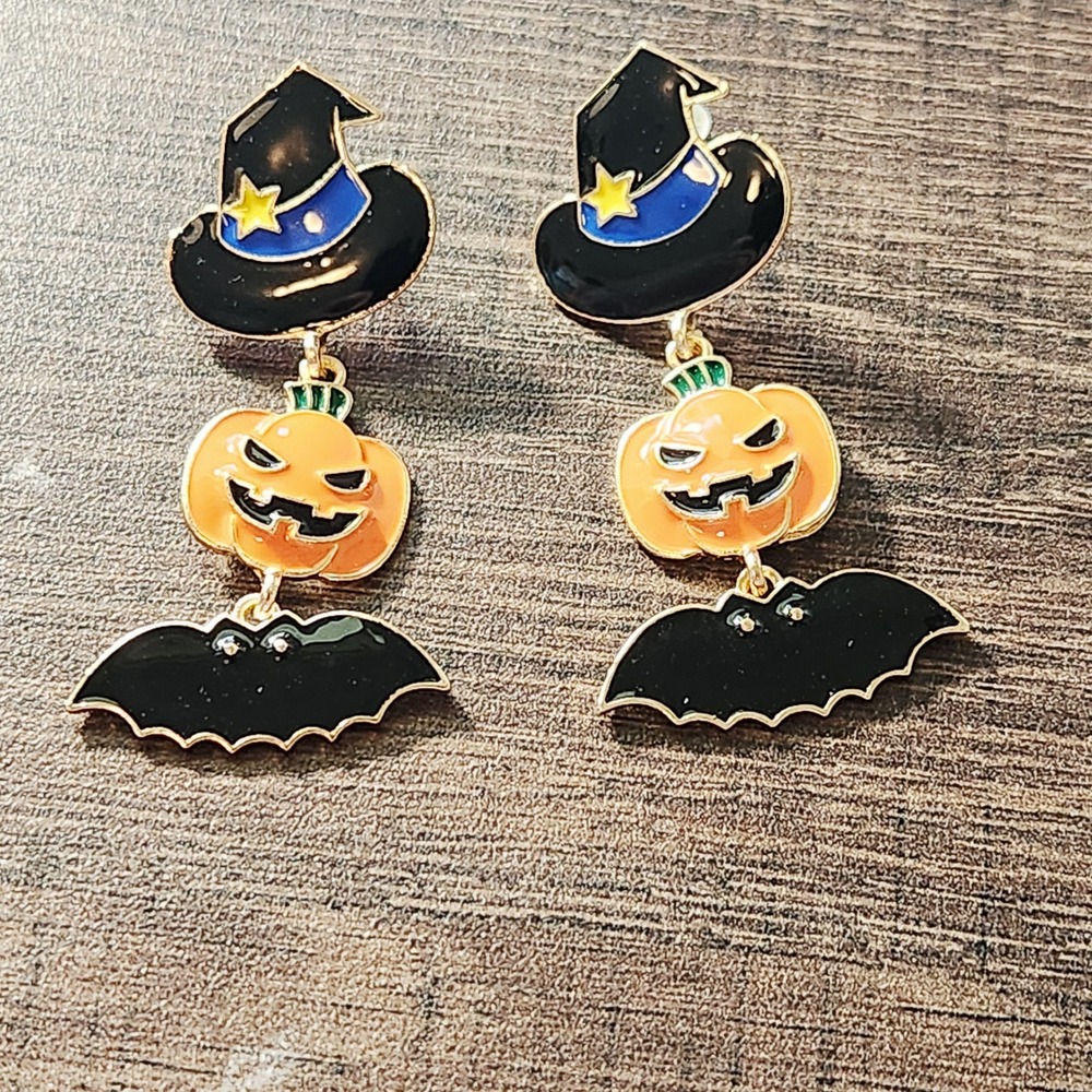 Halloween Witch Hat Pumpkin Bat Enamel Drop Earrings Gold Tone Spooky Jewelry